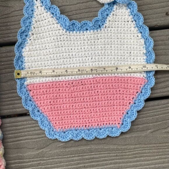 Vintage Crochet Afghan Baby Crib Blanket and Bib Handmade Pink Blue White - Picture 8 of 9